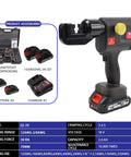 Cordless Hydraulic Cable Crimper For 12AWG To 2/0AWG Wire With 20 Interchangeable Dies showcasing accessories and specs.