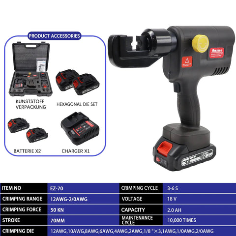 Cordless Hydraulic Cable Crimper For 12AWG To 2/0AWG Wire With 20 Interchangeable Dies showcasing accessories and specs.