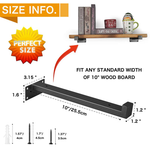 Floating Shelf Brackets Six Pack Heavy Duty Wooden Shelf Supports With Lip 10 Inch Black Wall Mounts dimensions and installation details.