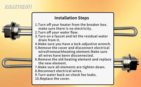 Installation steps for Heavy Duty 4500 Watt 240 Volt Screw In Water Heater Heating Element with wrench and diagram.