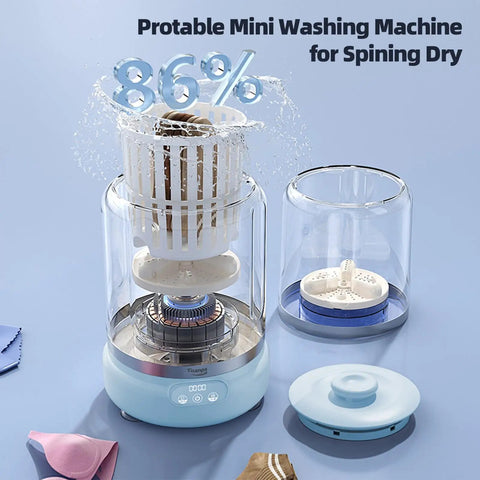 Compact Portable Mini Washing Machine With Quick Spin Dry Function And Rechargeable Battery for laundry, showing water splashing and components.