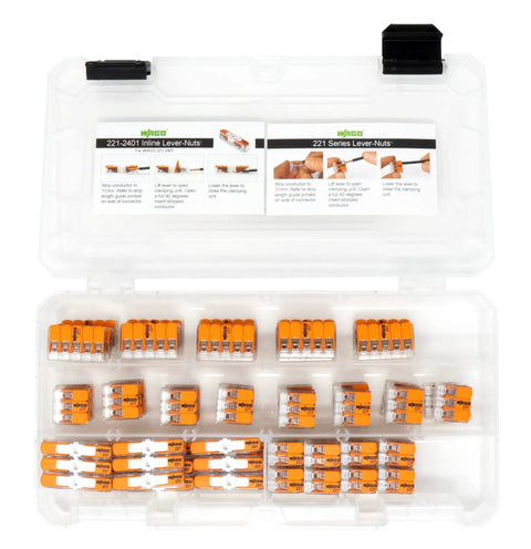 Lever Nut Wire Connector Set 90-Piece Compact Splice Kit With Case displaying connectors in a transparent box