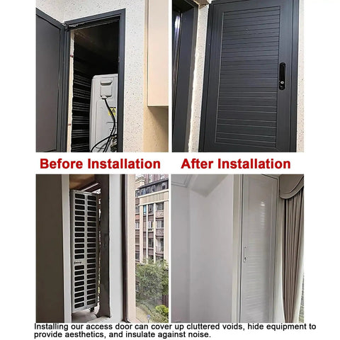 Before and after images of Heavy Duty Lockable Recessed Aluminum Access Door Panel 20X32 Inches installation for HVAC access.