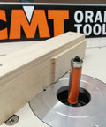 Heavy Duty Half Inch Shank Flush Trim Router Bit With Matching Ball Bearing in router table with wooden template.