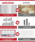 Infographic comparing AIMUNOK 304 stainless steel roll pin kit with a rust-prone alternative, highlighting size variety and packaging.