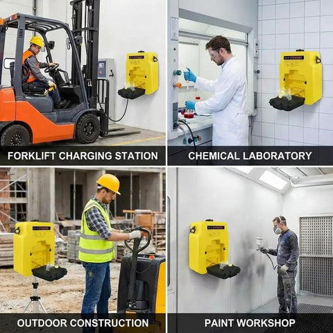Collage showing 14 Gallon OSHA Approved Eye Wash Station installed at forklift station, lab, construction site, and workshop.