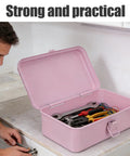 Badass Pink Metal Toolbox With Reliable Locking Latch Built Tough For Your Sweet Ride And Garage Grinds To Keep Every Wrench And Drill Perfectly Locked And Ready, open with tools inside.