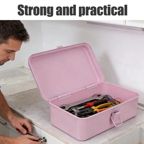 Badass Pink Metal Toolbox With Reliable Locking Latch Built Tough For Your Sweet Ride And Garage Grinds To Keep Every Wrench And Drill Perfectly Locked And Ready, open with tools inside.