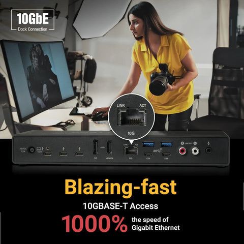 Heavy Duty Thunderbolt 5 Dock With 10Gb Ethernet showing ports, a woman using a camera, and a computer display setup.