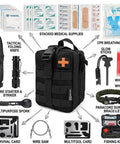 Prepper Ready 250 Piece Survival Kit With First Aid Gear In MOLLE Pouch displayed with tools and medical supplies