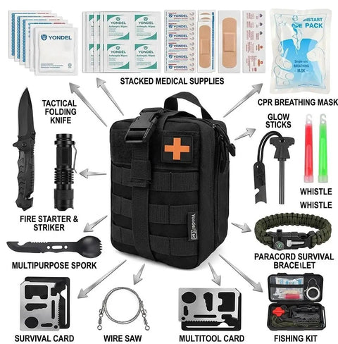 Prepper Ready 250 Piece Survival Kit With First Aid Gear In MOLLE Pouch displayed with tools and medical supplies