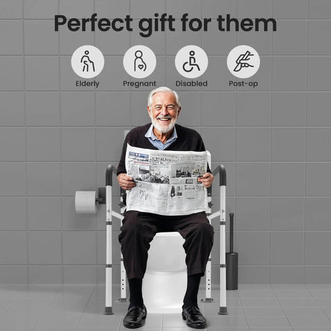 Elderly man sitting on a toilet safety rail, reading a newspaper, featuring Rock Solid Toilet Safety Rails For Seniors With Dang Good Grip Handles And No Sweat Setup Bathroom Assist Frame Giving Folks Peace Of Mind And Steady Support For Safe Independent Living At Home With Premium 300 Pound Weight Capacity For Rising Easy.