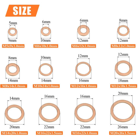 Copper Washer Kit With 12 Sizes And 300 Pieces, Metric Sealing Washers Set For M5 Through M20 sizes diagram