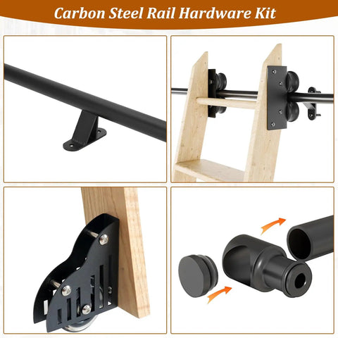 Sliding Ladder Hardware Kit With Brake Wheels, 3.3Ft To 24Ft Adjustable Track System, 10Ft Track Included, Carbon Steel Construction