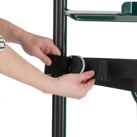 Harper Trucks 6781 appliance hand truck, dark green; close-up of hands tightening a black strap around the frame.