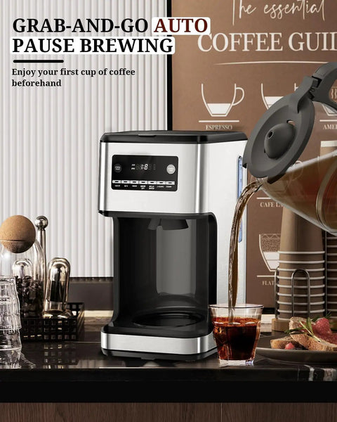 14 Cup Programmable Drip Coffee Maker With Timer Keep Warm Plate Auto Pause Reusable Filter Self Cleaning Stainless Steel Carafe And Large Borosilicate Glass Pot No Fuss Easy To Use pouring coffee into glass