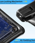 Close-up of Floating Waterproof Phone Pouch IPX8 For Up To Seven Inch Screens showing secure locking mechanism and water droplets.