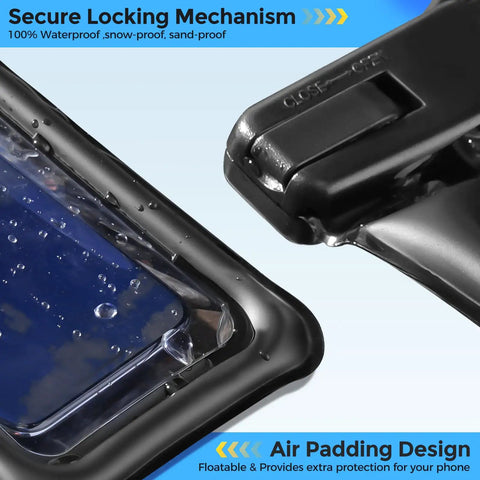 Close-up of Floating Waterproof Phone Pouch IPX8 For Up To Seven Inch Screens showing secure locking mechanism and water droplets.