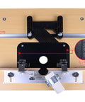 Heavy Duty Benchtop Router Table With Slick Adjustable Fence And Rock Solid Steel Stand Integrated Dust Port For Quick Setup, top view with measurement markings.
