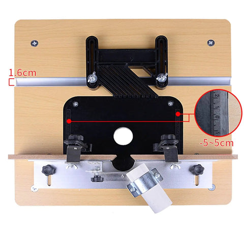 Heavy Duty Benchtop Router Table With Slick Adjustable Fence And Rock Solid Steel Stand Integrated Dust Port For Quick Setup, top view with measurement markings.