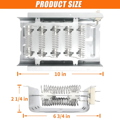 Premium Dryer Heating Element Replacement 279838 4531017 dimensions, front and side view showing 10x2 1/4x6 3/4 inches.