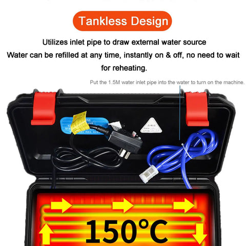 Sddpulse Handheld Steam Cleaner High Temp Portable for Home Car detailing showing tankless design and water inlet pipe.