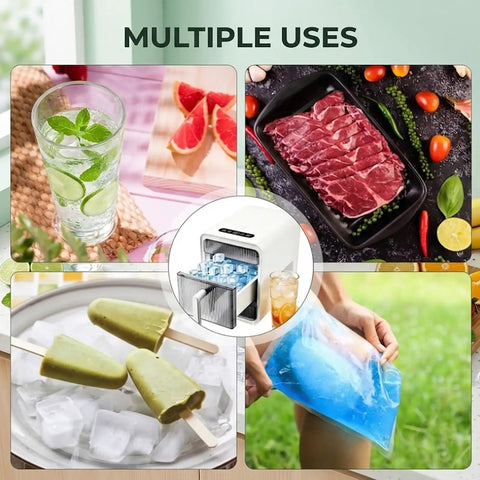No Fuss Portable Ice Maker Featuring Smart Infrared Detection Automatic Shut Off Plus Ultra Chill Cooling used for drinks, food storage, and desserts.