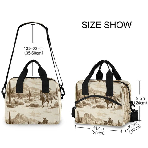 Desert Cowboy Insulated 10L Cooler Bag Leakproof Lunch Box with dimensions, featuring reinforced straps and cowboy design.