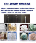 Pro Grade Hardness Test Kit For Industrial Minerals With Storage Box 2 To 9 Scratch Tester Set showing stainless steel pens and mineral samples