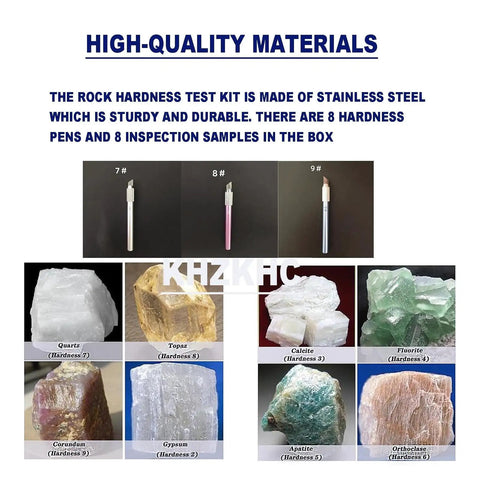 Pro Grade Hardness Test Kit For Industrial Minerals With Storage Box 2 To 9 Scratch Tester Set showing stainless steel pens and mineral samples