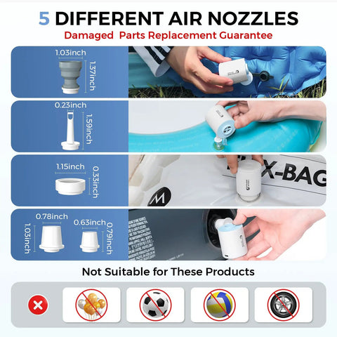 Five different air nozzles for Ultra Mini Portable Air Pump For Inflatables, Rechargeable Electric Pump For Camping Gear, Pool Floats And Air Mattress, Inflate And Deflate, 2.82 Oz Lightweight Ultra Compact, Power On The Go With Lifetime Replacement Guarantee displayed with not suitable icons