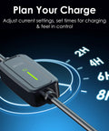 Close-up of settings panel on Level 2 EV Charger With NEMA 14 50 Outlet 250V 32A 17 Ft Extension Cord And J1772 Cable Fast Home Charging
