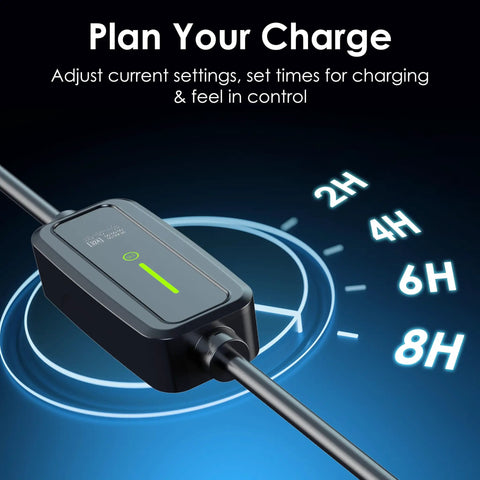 Close-up of settings panel on Level 2 EV Charger With NEMA 14 50 Outlet 250V 32A 17 Ft Extension Cord And J1772 Cable Fast Home Charging