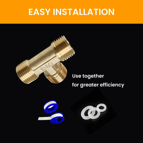 Brass 3-way T-fitting with 1/2 in male threads, angled side view.