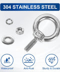 Premium Stainless Steel M4 Eye Bolts, Complete 24 Piece Hardware Set With Hex Nuts Flat And Spring Washers, showing bolt with nuts and washers.