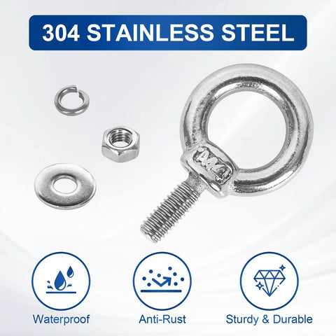 Premium Stainless Steel M4 Eye Bolts, Complete 24 Piece Hardware Set With Hex Nuts Flat And Spring Washers, showing bolt with nuts and washers.