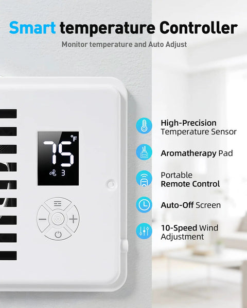 Close-up of smart temperature controller with display for Quiet 10 Speed Register Booster Fan With Aroma Diffuser Pad Remote Control.