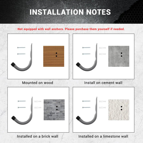 Installation notes for 12 Pack 4Inch Heavy Duty Garage Wall Hooks Steel J Hooks For Tools on different surfaces