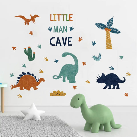 Peel And Stick Dino Footprints Wall Decals for Nursery with watercolor dinos, coconut trees, and cactus jungle theme decor.