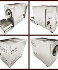 Heavy Duty Commercial Gas Coffee Roaster Featuring A Rock Solid Stainless Steel Drum And Full Automatic Controls For Beans Nuts Peanuts Seeds With No Sweat Operation And Straight Fire Results, showing side and back views.