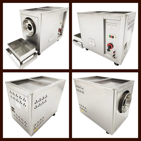 Heavy Duty Commercial Gas Coffee Roaster Featuring A Rock Solid Stainless Steel Drum And Full Automatic Controls For Beans Nuts Peanuts Seeds With No Sweat Operation And Straight Fire Results, showing side and back views.