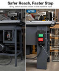 Top Shelf Single Phase Emergency Stop Power Switch With Quick Dual Voltage Control And Heavy Duty Deep Mounting Box For Table Saws Router Tables And Serious Woodworking Gear before and after installation with switch access improvement.