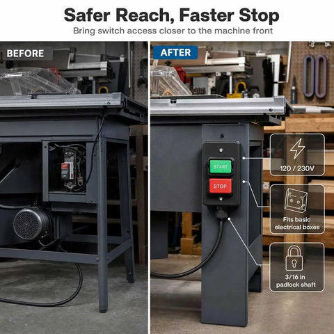 Top Shelf Single Phase Emergency Stop Power Switch With Quick Dual Voltage Control And Heavy Duty Deep Mounting Box For Table Saws Router Tables And Serious Woodworking Gear before and after installation with switch access improvement.