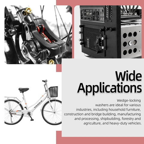 Top Shelf 160 Piece Black Double Side Lock Washer Assortment Kit Featuring Conical Spring Toothed Design For Heavy Duty Garage Projects And Quick Fixes In A Snap, showcased with bicycle brake and electronics.