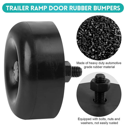 Heavy Duty Round Rubber Trailer Ramp Door Bumpers Set Of 4 With Mounting Hardware showing heavy rubber material and bolts