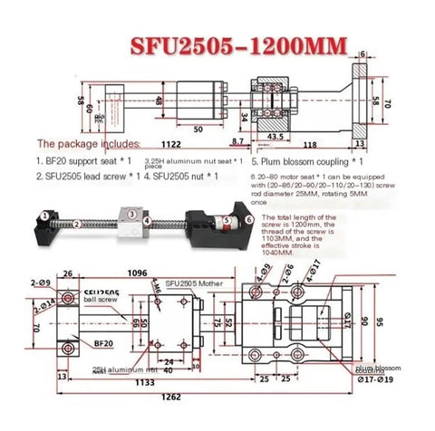 SFU2505 1200mm Ball Screw With Ultra Low Backlash And Smooth Rolling Friction For Pro Grade CNC Linear Motion Bearing Steel Built To Handle High-Precision Machining And Long-Lasting Reliability. technical drawing of SFU2505 1200mm ball screw with BF20 support and motor mount