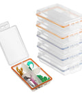 Pack Of 6 Clear Mini Fishing Tackle Boxes With 4 Compartments, transparent bins stacked, one open showing hooks, beads, sinkers