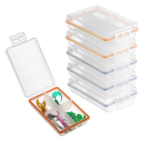 clear boxes for fishing Pack Of 6 Clear Mini Fishing Tackle Boxes With 4 Compartments, Transparent Lure Storage Bins For Hooks, Beads, Sinkers, Floats, And Small Gear, Slick