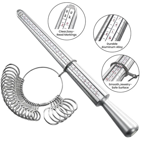 Pro Grade Ring Sizer Tool Set For Jewelry Making, Silvery Metal Ring Size Gauge Kit With Finger Size Mandrel and Ring Set