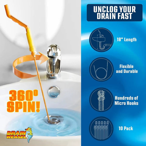 Drain Weasel 18 Inch Flexible Hair Clog Remover Tool Kit For Sinks Showers And Tubs No Fuss Way To Clear Hair Film And Grime With 360 Rotation Includes 3 Refills And Removable Handle Made In USA shown unclogging a sink with 360-degree rotation displayed on the right.